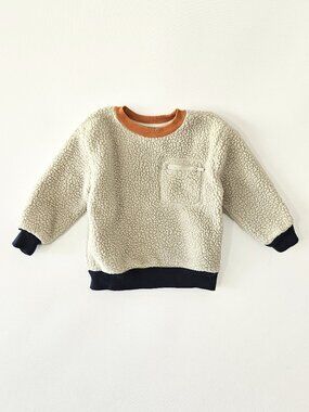 Old Navy Oversized Sherpa Zippered Pocket Contrast Ringer Pullover Sweatshirt 2T